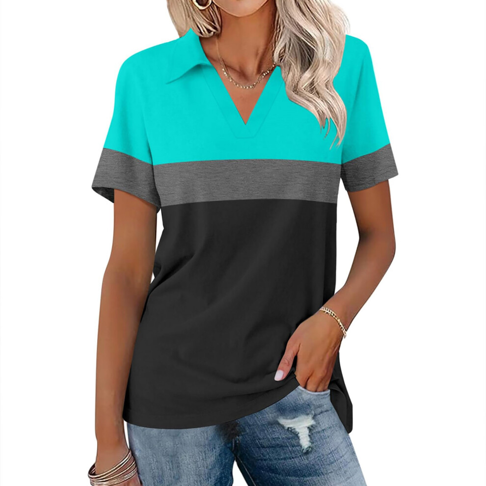 Women's Shirts Short Sleeve V Neck  Tops Business-Mint XXL