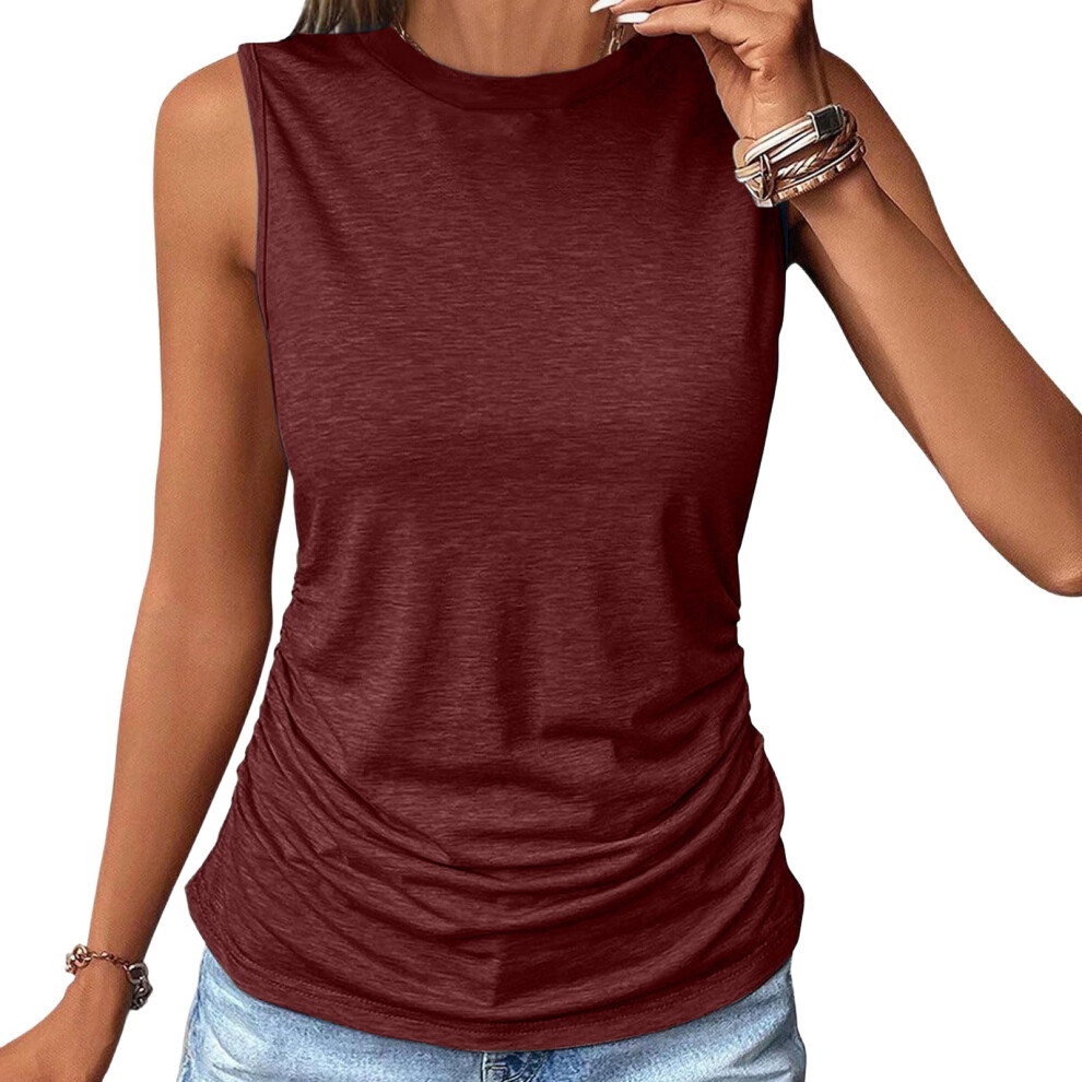 Womens Ruched Tops Crewneck Sleeveless Shirts Fitted-deepred S