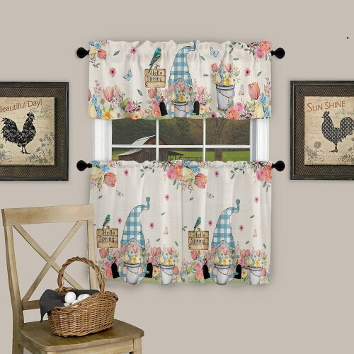 3-Piece Kitchen Curtain Set with Floral Valance 2