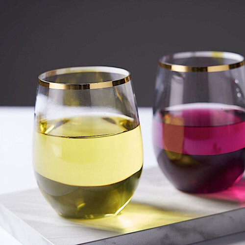Gold Rim Clear Stemless Wine Glasses 12 oz (12 Pack)