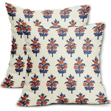 Marineblauwe en oranje kussenhoezen met bloemenprint, 40x40 cm, set van 2