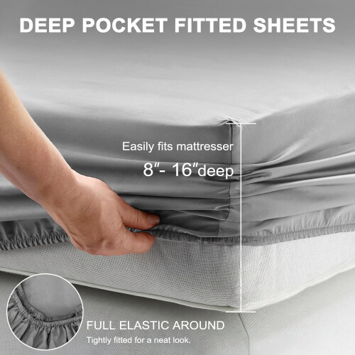 Juego de sábanas de microfibra para cama Queen, 4 piezas, gris claro 2