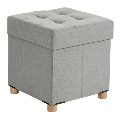 Cubo de arrumação estofado com assento almofadado e pés de madeira.