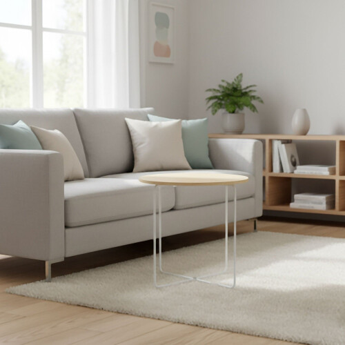 Scandinavian Side Table, Light Wood & White Metal 1