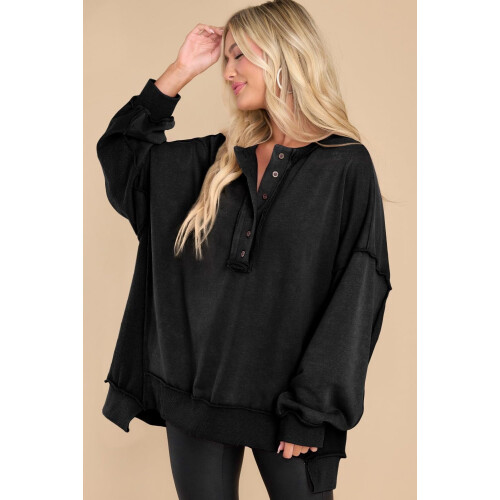 Women's Oversized Henley Sweatshirt with Button V-Neck 1