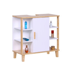 Bathroom Sink Cabinet, White MDF & Bamboo, Shelves & Door
