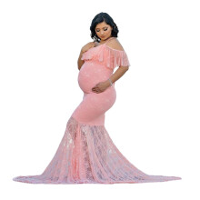 Stretch Pregnancy Dress Long Train and Lace Accent for-Pink M