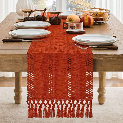 Traversă de masă boho, decor rustic din macrame fildeș, 30x238 cm 1