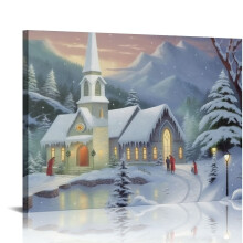 Fiber Optic Snowy Church Wall Art 20x16 in