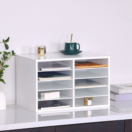 Organizador de mesa em bambu com 10 compartimentos para documentos. 2