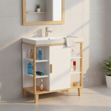 Badkamerkastje met wastafel, wit MDF & bamboe, planken & deur