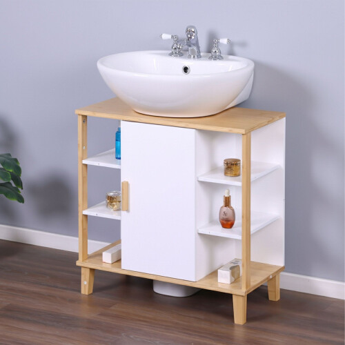 Mobiletto per lavabo da bagno, MDF bianco e bambù, ripiani e anta 2