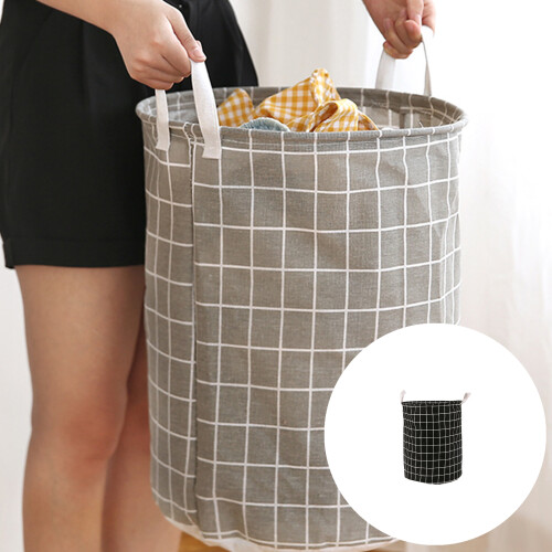 Foldable Grid Cotton Linen Hamper for Family Storage-White S 2