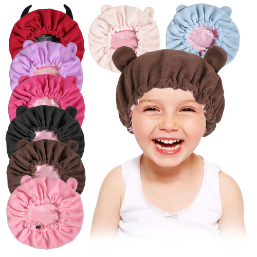 Kids Satin Bonnet with Bear Design – Adjustable for Curly