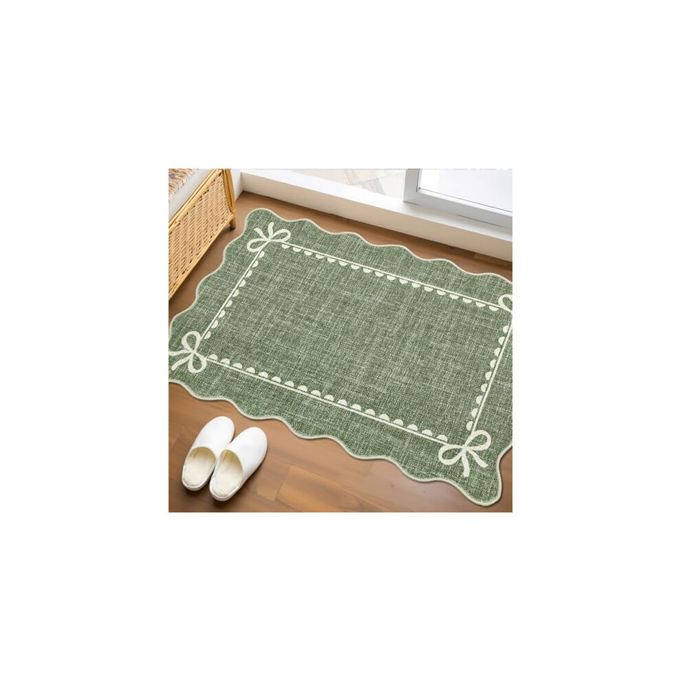 Scalloped Bow Rug 5x7 ft Pink Washable Non-Slip Faux Wool