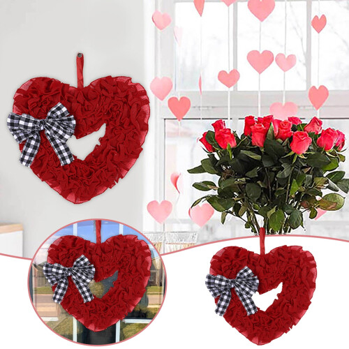 Red Burlap Heart Wreath 40cm with Plaid Bow 1
