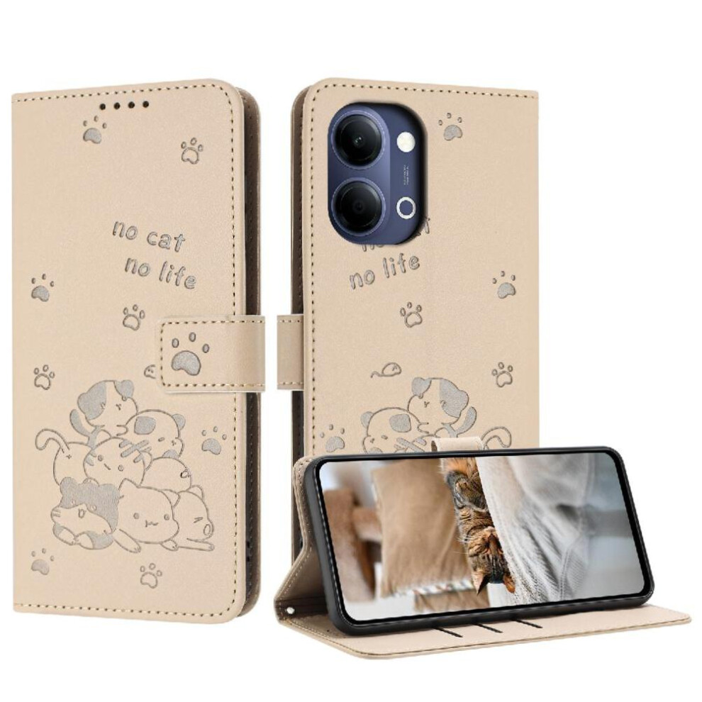 (Creamy ) Flip Case For Vivo Y500i Pu Leather Leather Wallet Cute Cat Card Holder Kickstand White 764563812103
