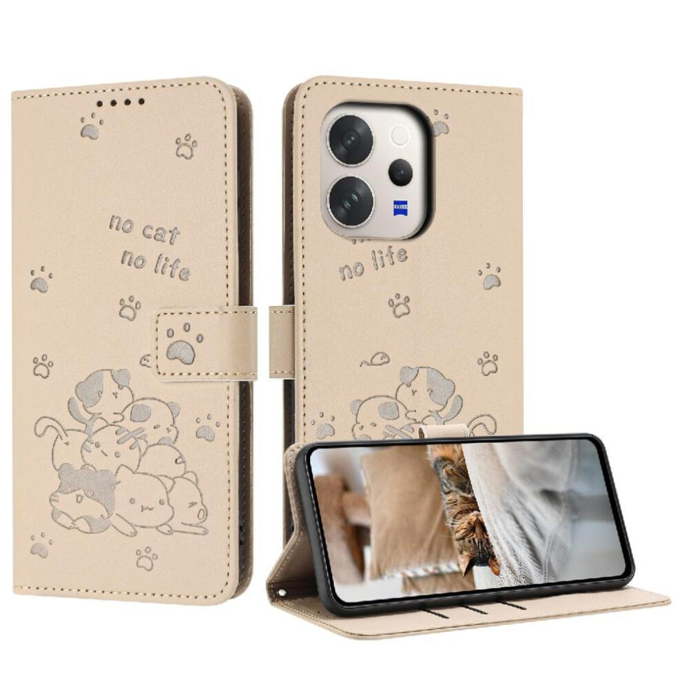 (Creamy ) Flip Case For Vivo V70 5G Cute Cat Leather Wallet Card Holder Kickstand Pu Leather White 764563812226