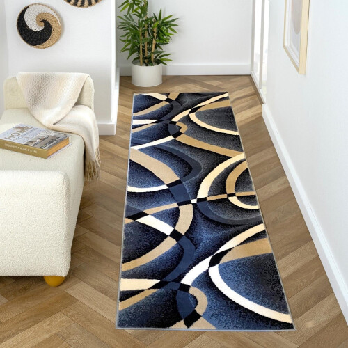 Navy Abstract Hallway Runner Rug 2ft x 7ft 3in