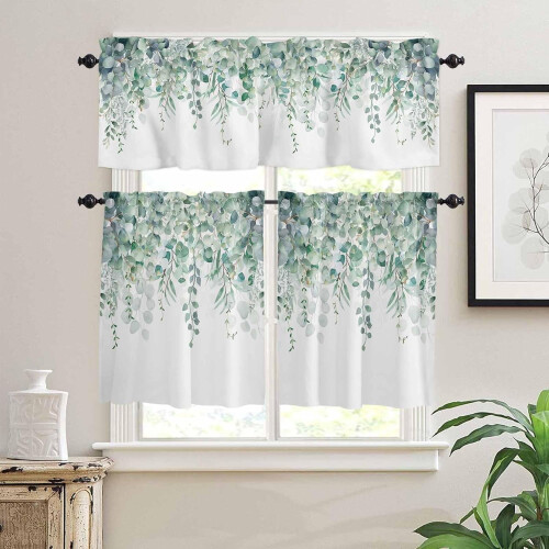 Green Eucalyptus Kitchen Curtain Set – 3-Pc Valance & 1