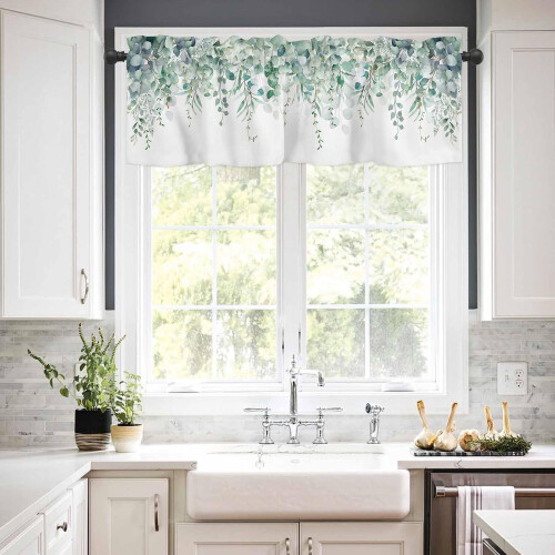 Green Eucalyptus Kitchen Curtain Set – 3-Pc Valance & 2