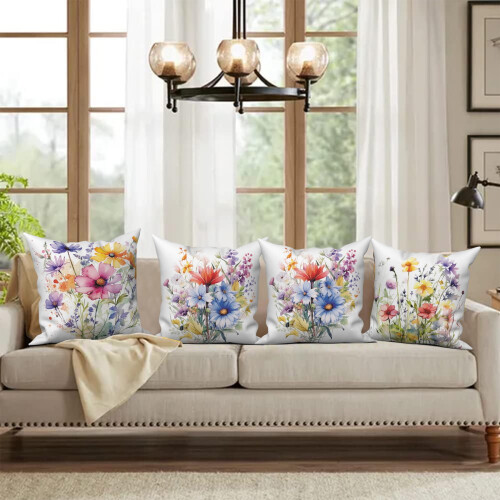 Conjunto de 4 capas de almofada florais em imitação de linho, 40x40cm (16x16 polegadas) 1