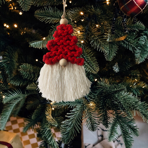 Handmade Macrame Gnome Ornament – Red, 15x9cm 1