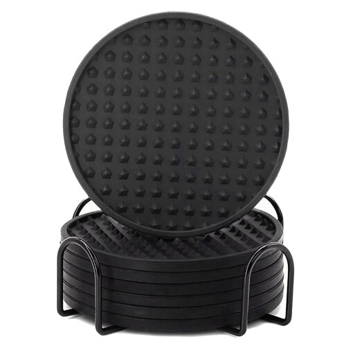 Conjunto de 7 porta-copos de silicone preto com suporte.