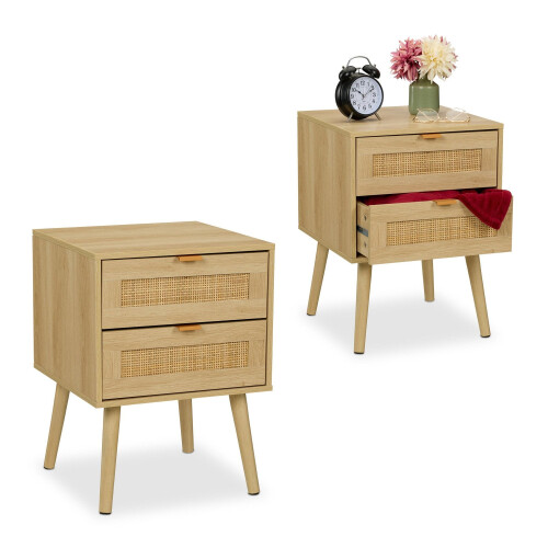 Bedside Table with 2 Wood-Effect Rattan Drawers