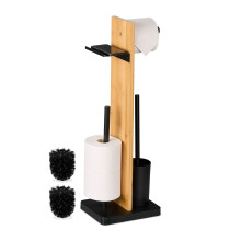 Toilet Roll Holder & Brush Set with Bamboo Shelf