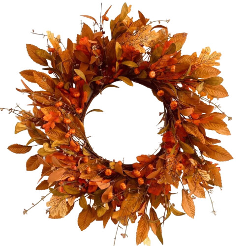 24 Inch Fall Wreath with Pumpkins and Maple Leaves