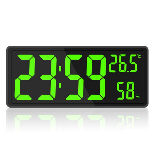 Large Digital Wall Clock with Temp & Humidity – Green