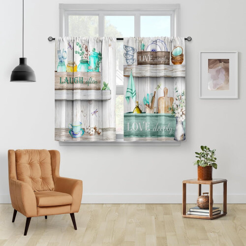 Cortinas de cozinha estilo boho com cogumelos, retrô rústicas, 2 painéis de 91 cm (36 polegadas). 1