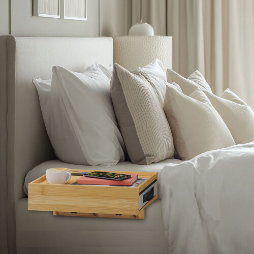 Clip-On Bamboo Bedside Shelf with Drawer for Small Spaces 1