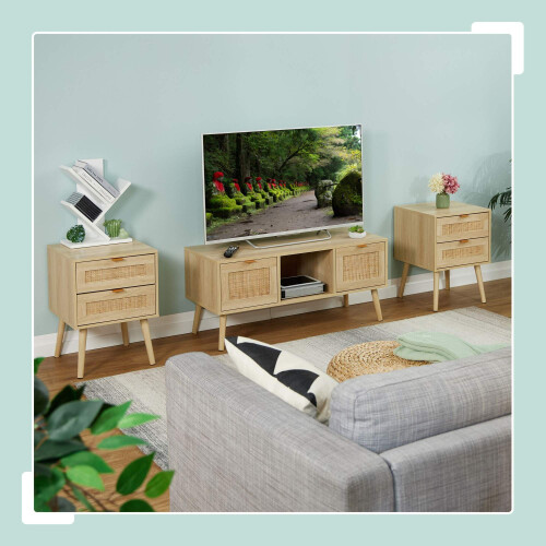 Bedside Table with 2 Wood-Effect Rattan Drawers 1