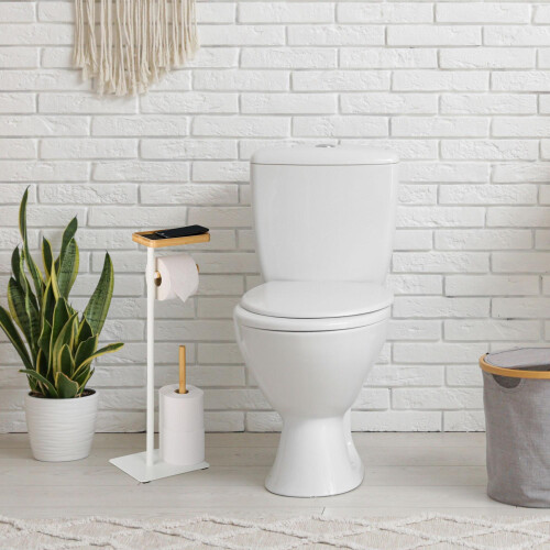 Toilet Roll Holder with Shelf - Iron & Bamboo 1