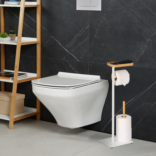 Toilet Roll Holder with Shelf - Iron & Bamboo 2