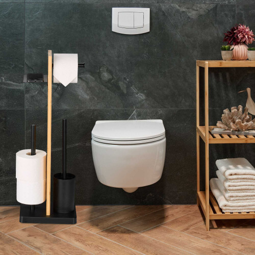 Toilettenpapierhalter & Bürstenset mit Bambusablage 1