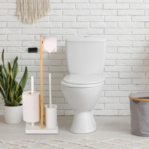 Toilettenpapierhalter & Bürstenset mit Bambusablage 2