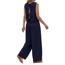 Women's Two Piece Sets With Back Tie Bow Top And-dark blue S