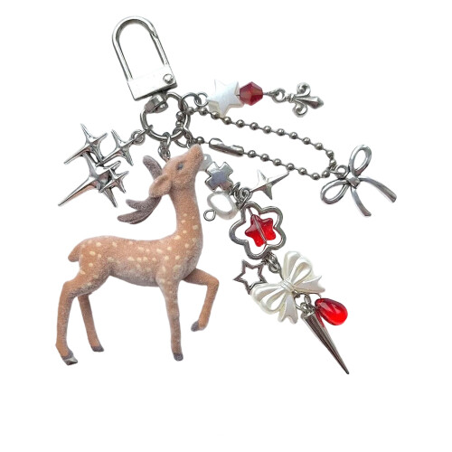 Deer Shaped Flocking Beaded Key Chain Flower Charm Keyring-A