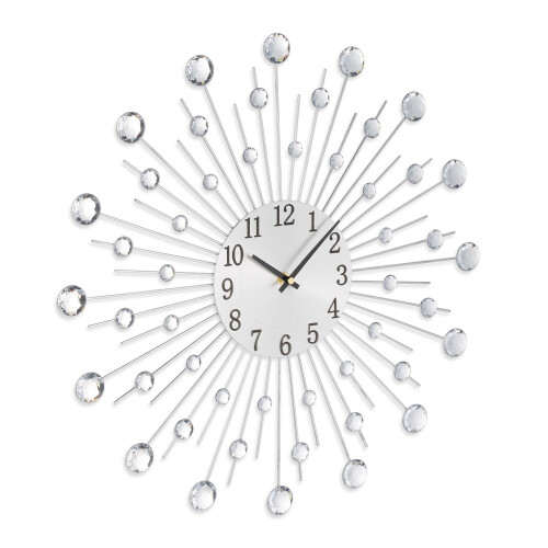 Silver Wall Clock with Glittering Stones, 50cm Diameter