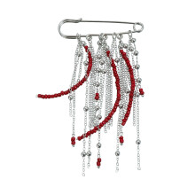 Retro Design Brooch With Red Beads Chains and Flowing Tassels