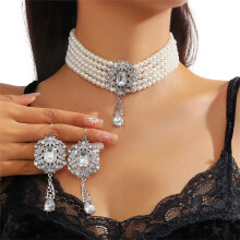 Trendy Alloy Craft Layer Collar Necklace Set With Ear-White