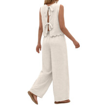 Women's Two Piece Sets With Back Tie Bow Top And Wide-Apricot M