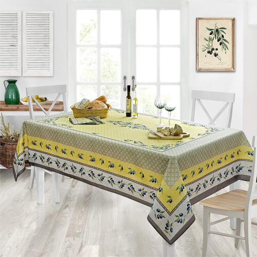 Rectangle Tablecloth 60 x 84 in, Yellow Grey Olive Print