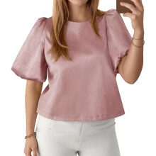 Womens Satin Silk Blouses Puff Short Sleeve Dressy-Pink M