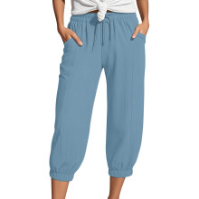 Womens Capri Pants Elastic Waist Casual Summer Stretch-Blue M