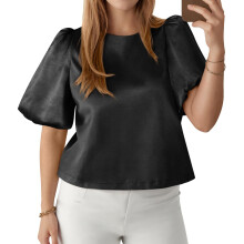 Womens Satin Silk Blouses Puff Short Sleeve Dressy-Black M