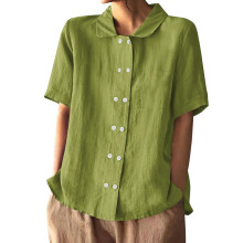 Women's Double Button Shirts Short Sleeve Lapel Collar-Green S